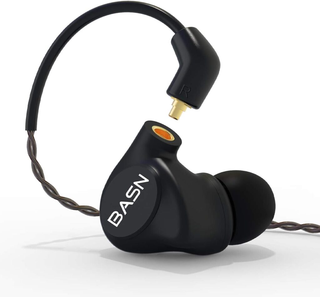 BASN Metalen Auriculares intrauditivos para monitores, 4 controladores, músicos, IEM con aislamiento de ruido con graves profundos, dos cables MMCX desmontables con estuche para cantantes, bateristas y bajistas (negro mate)