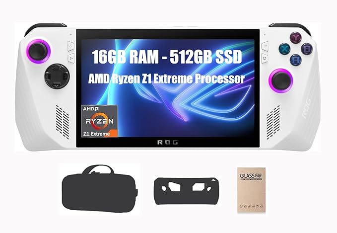 ASUS ROG Ally - 7" FHD IPS Gaming Handheld, 16GB LPDDR5 RAM, 512GB SSD, AMD Ryzen Z1 Extreme, 120Hz, Windows 11 Home, White, with MTC 3pc Accessories Bundle