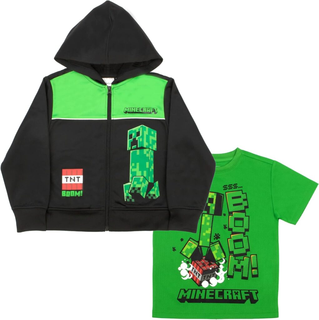 Minecraft Boys' Combo Zip-Up Hoodie and T-Shirt, Creeper Hoodie/T-Shirt, 2-Pack for Boys