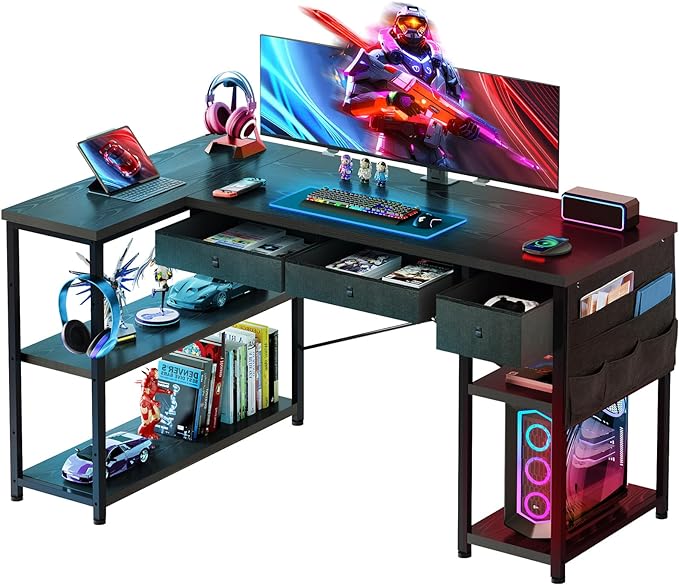 Ｍａｉｈａｉｌ 55" L Shaped Gaming Desk with Drawers, Computer Desk with Storage,Large Desk with Adjustable Storage Shelves and Side Pouch,Corner Office Desk for Small Space,Home Office Bedroom,Black