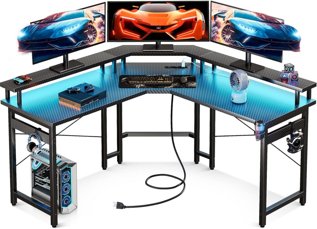 ODK L Shaped Gaming Desk with LED Lights & Power Outlets, 51" Computer Desk with Full Monitor Stand, Corner Desk with Cup Holder, Gaming Table with Hooks, Black Carbon Fiber