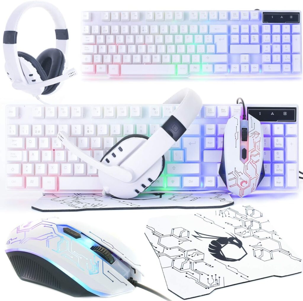 
Gaming Keyboard and Mouse and Gaming Headset & Mouse Pad, Wired LED RGB Backlight Bundle for PC Gamers Users - 4 in 1 White Edition Hornet RX-250