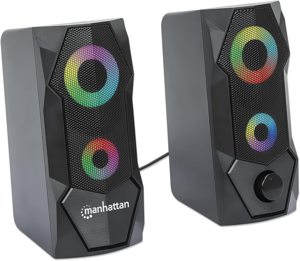 Manhattan USB Powered RBG Gaming Speakers - with Stereo Sound, Long 6ft Cord, Colorful Lights, Volume Control & 3.5 mm Audio Plug – for Computer, Monitor, Laptop, PC, Desktop -3 Yr Mfg Warranty–168359