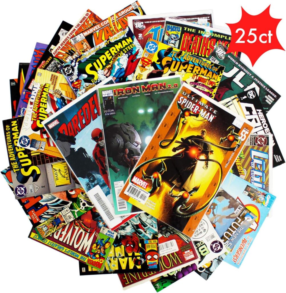 Comic Book Collection Gift Pack | Lot of 25 unique Marvel and DC comics only | No duplicates | Good condition or better | Kids Party Grab Bag | by Cosmic Game Collections