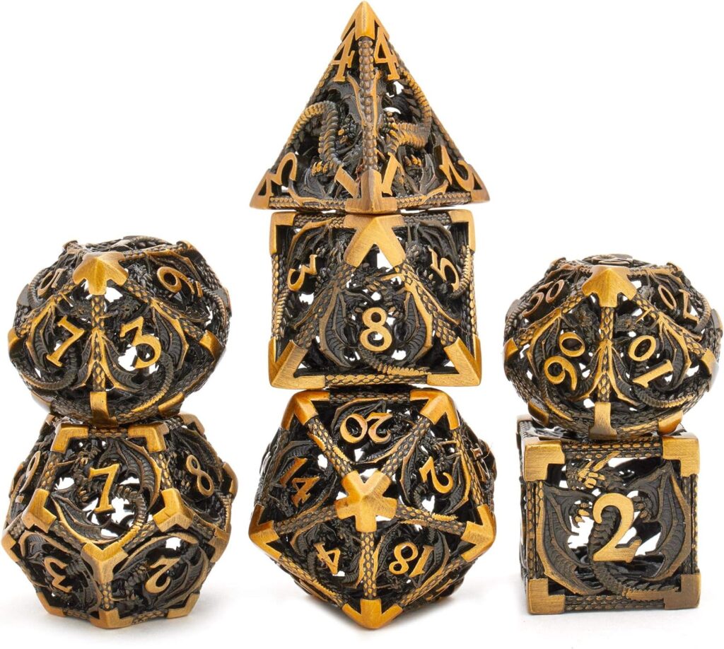 Antique Gold Carved Dragon Shape Hollow Metal DND Dice Set, 7 Piece Set for Dungeons and Dragons, RPG MTG Board Games, D&D Pathfinder Shadowrun and Math...