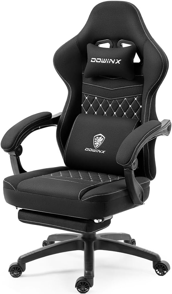 Dowinx Gaming Chair Breathable Fabric Computer Chair with Pocket Spring Cushion, Comfortable Office Chair with Gel Pad and Storage Bag,Massage Game Chair with Footrest,Black
