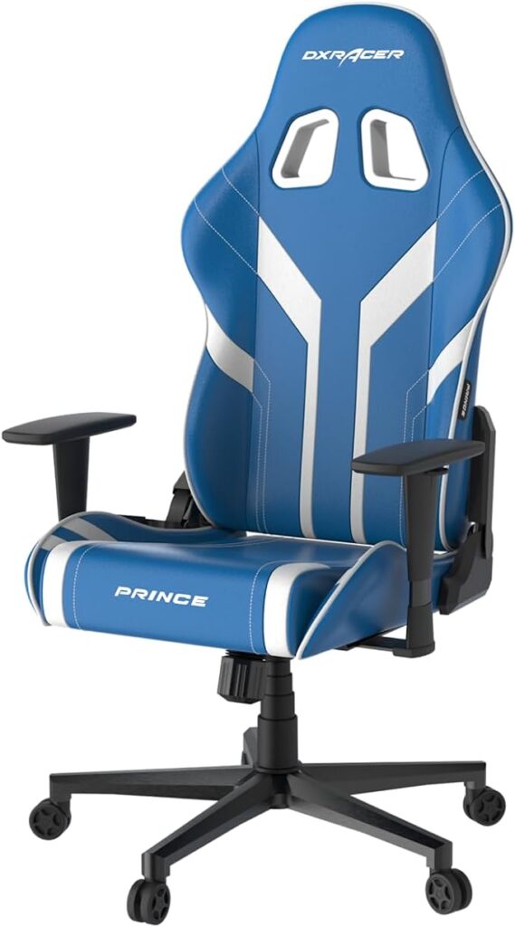 DXRacer P Series GC-P88-BW-M1-01 Blue and White Gaming Chair - Premium PVC Leather Racing Style Computer Chair with Ergonomic Headrest and Lumbar Support for PC Gamers