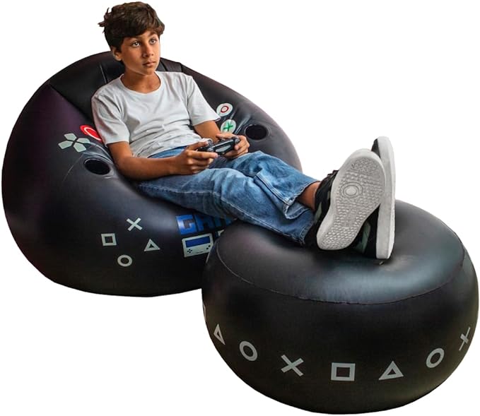FranFusion Inflatable Gaming Chair for Kids and Teens with Ottoman, Includes Cup Holder and Side Pocket. This Air Bean Bag Gaming Chair with Ottoman is the perfect furniture for gamer room decor