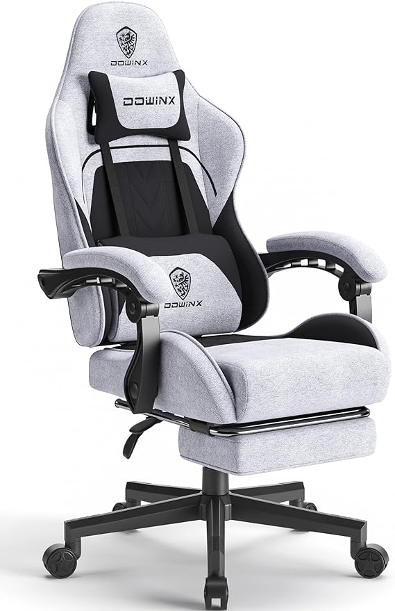 Dowinx Fabric Gaming Chair with Pocket Spring Cushion, Fabric Massage Gaming Chair with Headrest, Ergonomic Computer Chair with Footrest 290lbs, Black and Gray