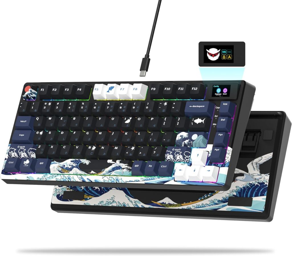 Womier S-K80 75% Keyboard with Color Multimedia Display Mechanical Gaming Keyboard, Hot Swappable Keyboard, Gasket Mount RGB Custom Keyboard, Pre-lubed Stabilizer for Mac/Win, Black Kanagawa Theme