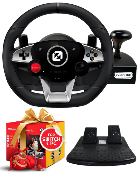  EVORETRO Steering Wheel for PC, Racing Wheel, Pedals, Paddle & Stick Shifter, Compatible with Nintendo Switch Games - Mario Kart 8 & More! High Vibration Feedback, Adjustable Desk Clamp 