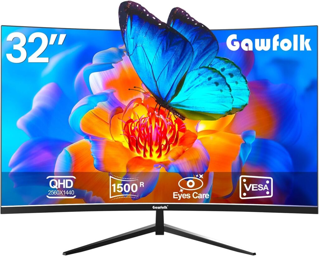 Gawfolk Monitor 32 inch Computer Monitor QHD (2560 x 1440) 2K 1500R Curved Computer Monitors 75HZ PC Monitors VA Screen for Home, Office and Dormitory,Support Wall Mount- Black